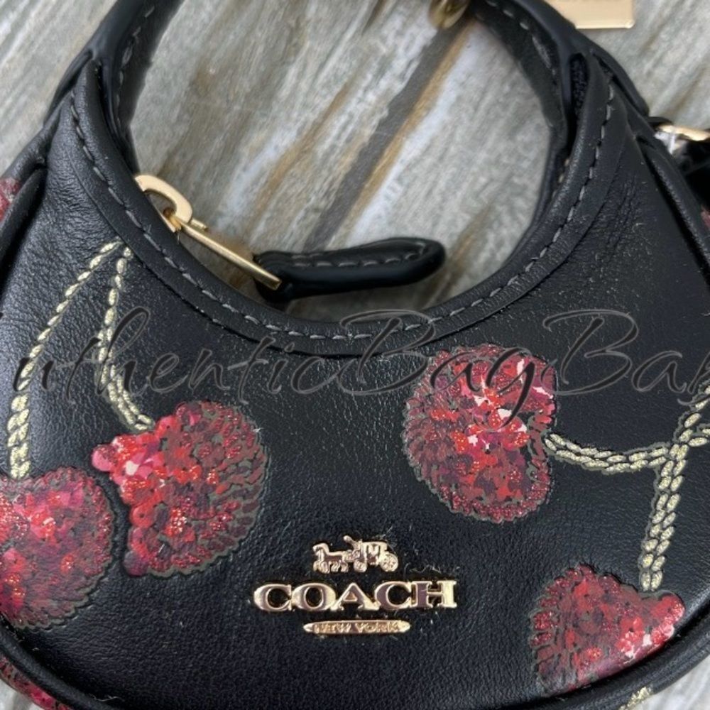 Coach Mini Carmen Bag Charm Black Cherries Leather Purse - Picture 2 of 7